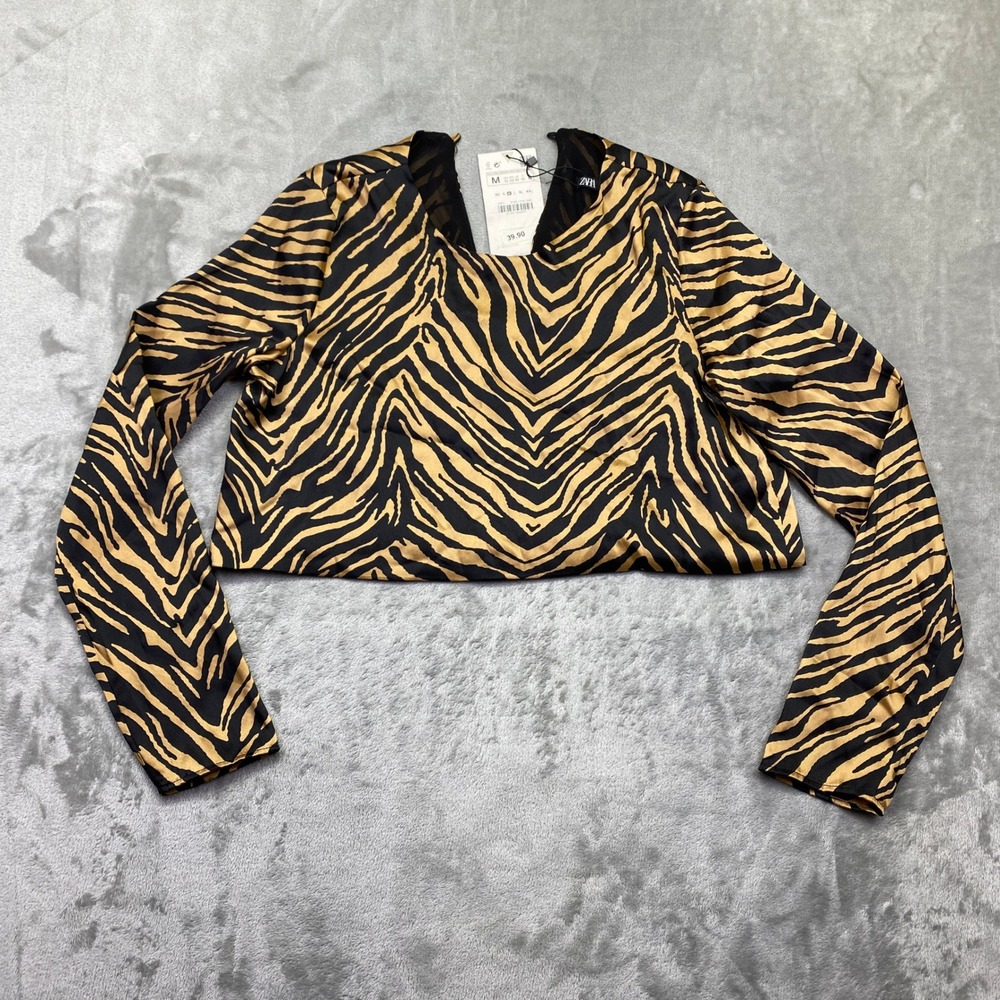 ZARA‎ Cropped Zebra Print Long Sleeve V Neck Top Blouse Women Size M NWT